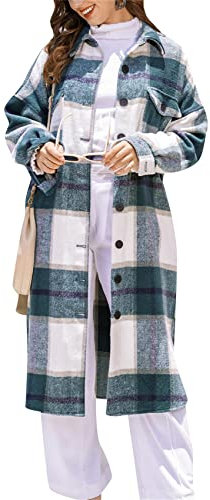 Yming Casual Plaid Loose Shirt mit Tasche für Frauen Langarm Cardigan Lange Oversized Jacke Dunkelgrün 2XL