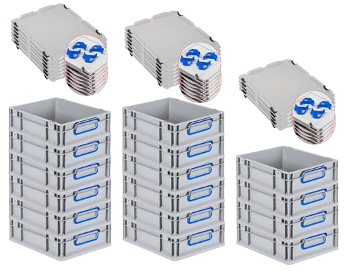 PROREGAL SuperSparSet 16x Eurobox NextGen Color mit Auflagedeckel & Schiebeschnappverschlüsse, HxBxT 12x30x40cm, 11L, Griffe blau geschlossen, Glatter Boden, Eurobehälter Transportbox