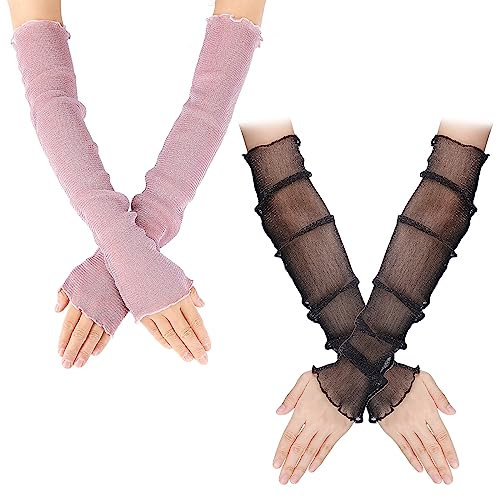 2 Paar Armstulpen Damen Kühlung Arm Ärmel Lange Ultradünne Fingerlose Ellbogen Sommerhandschuhe Sonnenschutz UV Schutz Kühles Netz Tül Fingerlose Armstulpen Perfekt Party Outdoor Sportaktivitäten