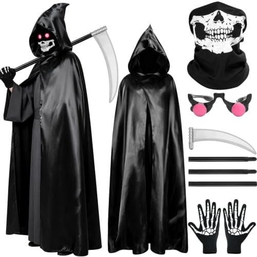 YIMOJOY Sensenmann Kostüm Set,Gruselig Halloween Kostüm Erwachsene Kinder,120/150/170/190CM Sensenmann Satin Umhang mit Kapuze,Grim Reaper Costume Herren Jungen Horror Tod Verkleidung Cosplay