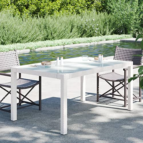 Homgoday Table de jardin, 150 x 90 x 75 cm, verre trempé, polyrotin blanc, table à manger, table de jardin, tables extérieures