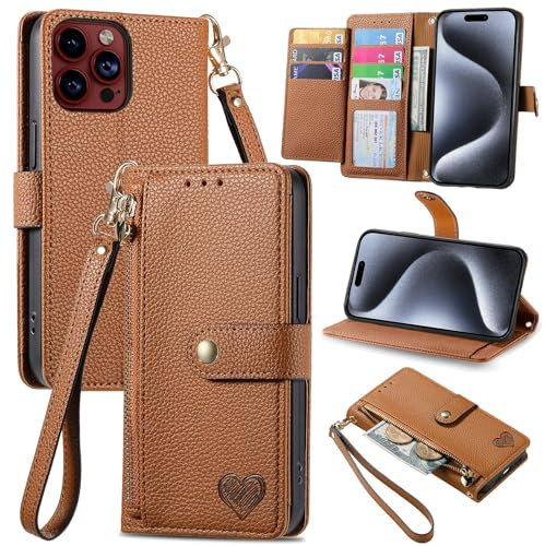 VEEMOS Zipper Wallet Case for Apple iPhone 15 Pro Phone Case with Purse Card Holders RFID Blocking Leather Flip Case Book Cover Wrist Strap Women - Brown