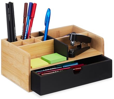 Relaxdays Schreibtisch Organizer, 1 Schublade, 9 Fächer, Bambus, HxBxT: 10 x 25 x 15,5 cm, Büroorganizer, Natur/schwarz