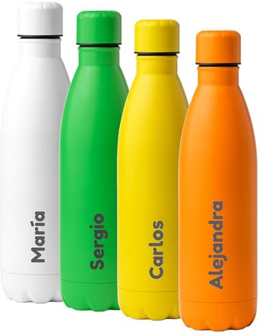 mundohuevo| Regalo personalizado con el nombre que tú quieras| Color naranja| Botella de acero inoxidable| Capacidad 790ml| Regalo original y divertido| Cierre antigoteo| Acabado mate.