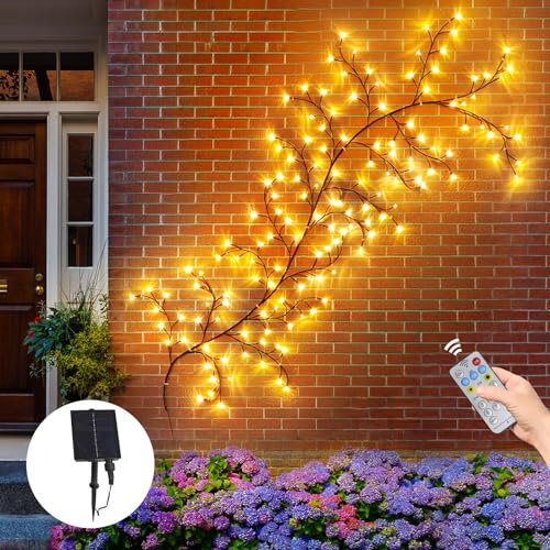 GOESWELL Solar Lichterkette Willow Vine Gartendeko: 144 LED Biegbare Künstliche Baumzweige Lichter für Wand im Freien Balkon Terrasse Party Outdoor Deko Warmweiß