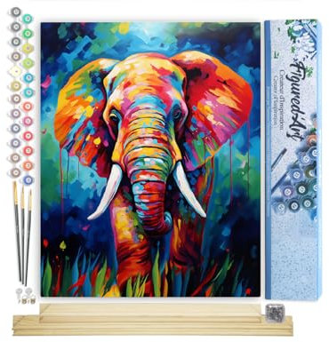 Figured'Art Peinture par Numéro Adulte avec Cadre Éléphant Coloré Abstrait - Activité Manuelle Kit de Loisir Créatif DIY Numéro d'Art Complet Animaux - 40x50cm avec châssis en bois à monter