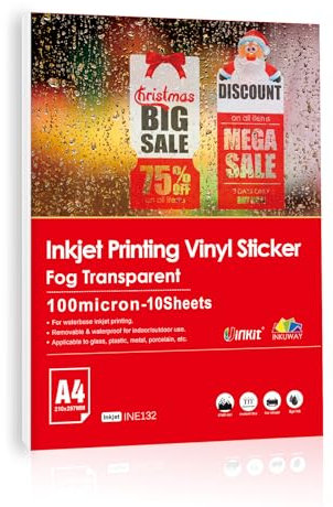 Inkuway A4 10 fogli Pellicola per etichette adesive in vinile trasparente stampabile a getto d'inchiostro Impermeabile, Asciuga rapidamente Colori vivaci, Taglio facile