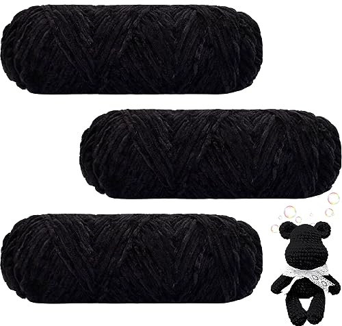 Maxee 300g(3×100g) Samtig Babywolle, Samt Velvet Wolle Chenille Garn, Kuschelweich Chenillegarn, Flauschige Weich Plüschwolle, Häkelgarn Wolle Zum Stricken & Häkeln - Schwarz 2