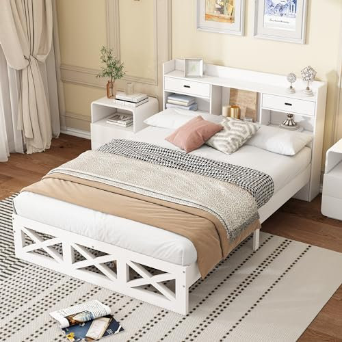 Soweiz Komplettschlafzimmer Set,Holzbett+Nachttisch+Kommode,140x200 cm Doppelbett mit Aufbewahrungsfunktion, Nachttisch mit 2 Schubladen und einem Fach, MDF, Weiß (Holzbett(140x200cm))