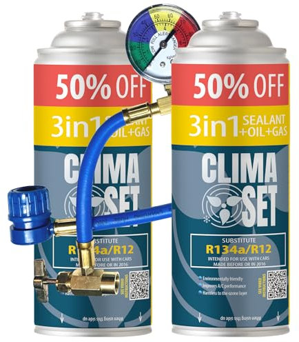 ClimaSet Remplacement du gaz refrigerant 3en1 R134a 2x235 g pour Climatisation avec Tuyau, Manomètre et Adaptateur HP/LP pour Climatisation -Recharge climatisation voiture - ECO
