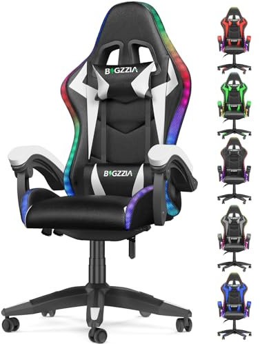 bigzzia Gaming Chair with RGB Computer Chair with Light Reclining PU Leather Video Game Chair with Headrest Adjustable Lumbar Support (Black/White)