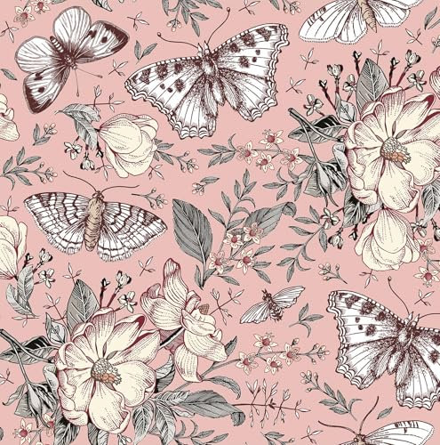FunStick 44.5CMx9M Tapete Blumen Rosa Blumentapete Kinder Wandtapete Selbstklebend Badezimmer Schmetterling Wasserdicht Klebefolie Schrank Rosa Tapeten Schlafzimmer Romantik Klebefolie für Möbel