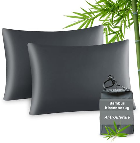ATsense Lot de 2 taies d'oreiller en fibre de bambou 40 x 80 cm - En satin pour personnes allergiques - Doux comme de la soie - Anti-acariens - Pour cheveux et peau - Gris