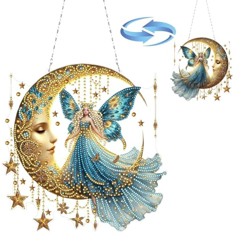 CXINLky DIY Diamond Art Painting Anhänger mit Kette, Moon Fee Diamant Painting Bilder, Fee Diamond Malerei Wandbehang Kits für Fenster Wand Eingang Garten Decor-03-Mondfee