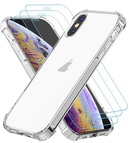 Totill Hülle für iPhone X/XS mit 3 Stück Schutzfolie, 4 in 1 Durchsichtige Kratzfest Stoßfest Handyhülle, Rundumschutz Schutzhülle, Ultra Transparent Weiches Durchsichtig Case Cover, Panzer Schutz