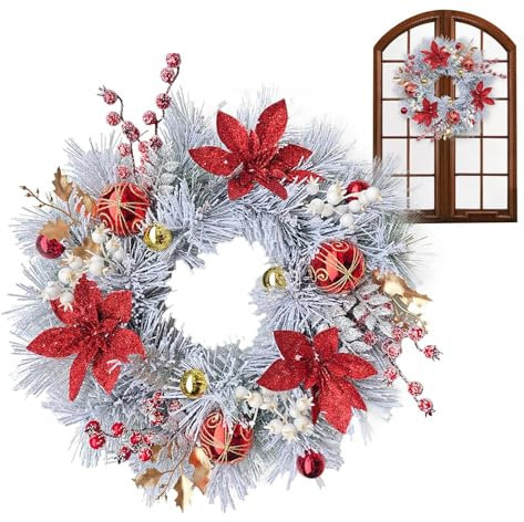 Corona de Navidad Artificial, Coronas de Navidad para la Puerta Principal, Decoraciones de Ventana de Navidad - 17,72 Pulgadas Corona flocada Adornos para el hogar, Pared, Ventana