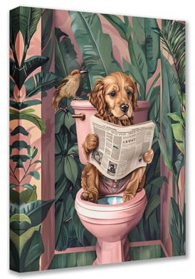 Tucocoo Welpe auf Toilette Leinwand Wandkunst Tier liest Zeitung Bild 1P Tropische Pflanze Poster Drucke Niedliche Moderne Kunstwerk für Wohnzimmer Schlafzimmer Heimdekoration Gerahmt auf Keilrahmen