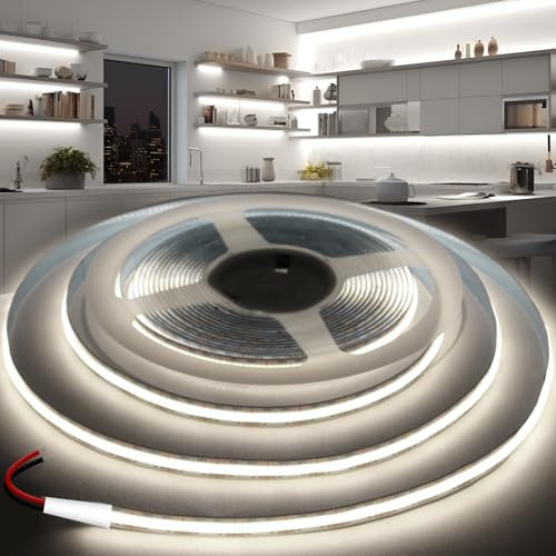 KSIBNW Striscia LED COB 24V, 5M Luci LED Bianco Freddo 6000K Adesive Strisce LED 320LEDs/M Flessibile Luce Nastro Larghezza 8mm Tagliabile Tubo LED per Soggiorno, Natale, Bar, Senza Alimentatore