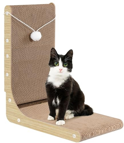 Gimars Hohe 47cm L-Förmige Kratzbrettr Katze Mit Ball, Stehendes Kratzbrett Für Katzen, Dickeres Katzenkratzbrett, Katzenspielzeug Zum Schutz Von Möbeln Und Sofas, Holz