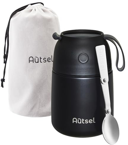 Autsel Food Flask for Cold/Hot Food, 500ml Thermal Soup Flask, Insulated Food Container, Stainless Steel Food Jar with Folding Spoon - Keep 12h Cold & Hot