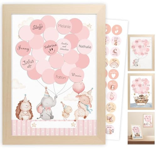 Gästebuch Babyparty, Taufe Geschenk Junge Mädchen, Babyparty Deko, Taufdeko Tischdeko Baby Shower Deko Boy Girl, Willkommen Zuhause Baby, Gästebild Waldtiere mit Holzfarbe Holzrahmen, Aufkleber (Rosa)