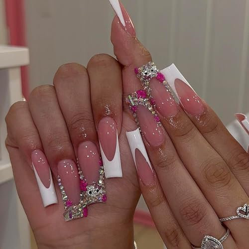 French Tip False Nails - 24PCS Long Press On Nails - Acrylic Fake Nails with 3D Pink Rhinestones Design - Full Cover Square Stick on nails with Glue for Women Manicure