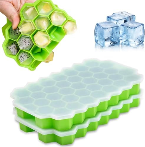 2Pcs Ice Cube Tray, Ice Tray with Lid Silicone Ice Cube Moulds with No-Spill, Flexible Ice Cube Molds Small Ice Cube Trays for Freezer Kitchen Chilled Drinks Whiskey Cocktail (37 Hexagonal Green)