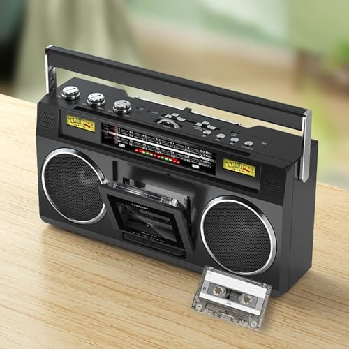 Boombox con lettore CD a cassetta, registratore radio e lettore a nastro, supporta ingresso SD/USB/TF, con jack per auricolari, alimentazione a batteria/rete, uso domestico e esterno