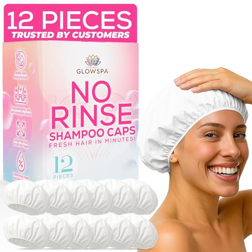 GlowSPA No Rinse Shampoo Caps (Pack of 12) – Rinse-Free Shower Cap for Elderly, Bedridden Patients, Travel, Hospital, or Camping – Waterless Hair Wash Solution