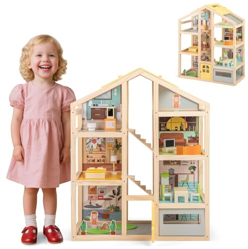 HOMASIS Casa delle Bambole in Legno per Bambini, Bella Casa da Sogno Principessa per Bambole, Casseta da Gioco per Bambini 3+ Anni (Modello 3, 60 x 30 x 75 cm)