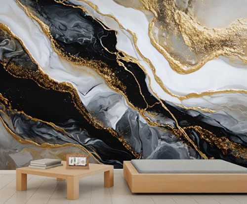 YEMYOR Black Gold Marble Mural Wallpaper Light Luxury Marble Texture Wall Mural Golden Cracked Marbles Wallpaper Abstract Fluid Art Sofa Background Murals for Living Room Bedroom-390x260cm