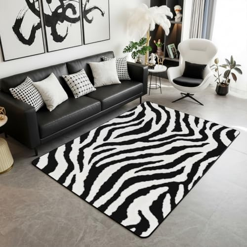 feelingyou Zebra Streifen Wohnzimmer Teppich 100x150cm Schwarz Weiß Tierhaut Druck Schlafzimmerbereich Teppich für Kinder Teens Thema afrikanische Tierwelt Indoor Matte Heimdekor