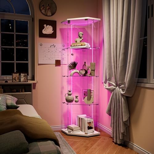 BPKADHY Eckvitrine Glasvitrine mit led Beleuchtung,Modern Glasvitrine Stehend Vitrinenschrank für Sammlerstücke Bücher Wein,4 Glasböden & 1 Türen abschließbar,162x60x42.5 cm, Weiß