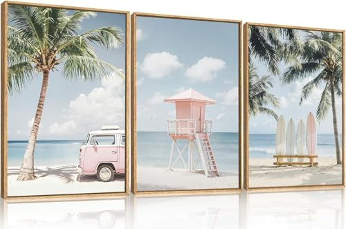 TOARTi Pastell Rosa Palme Leinwanddrucke Tropische Surfbrett Sommer Dekor Gerahmte Strand Wandbilder 3er Set Modern Tropische Wanddekoration mit Bulli für Wohnzimmer Schlafzimmer Badezimmer 30x40CM