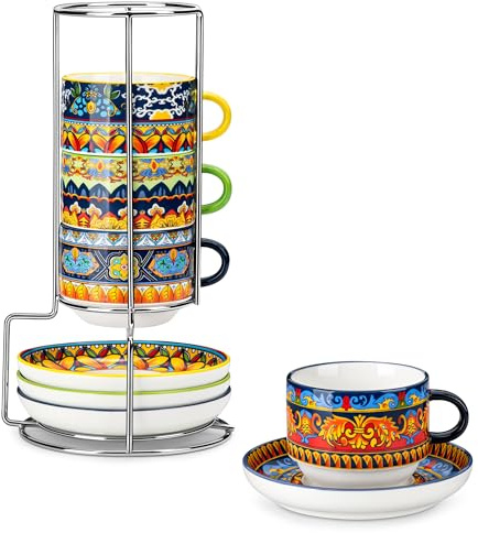 vancasso Kaffeetassen 4er Set, 270 ml Tassen mit Untertassen & Metallständer, Stapelbar Dickwandig Porzellan, Spülmaschinenfest – KRVI Serie, Perfekt für Latte, Cappuccino & Tee