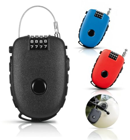 Lucchetto Casco Moto Retraibile Lucchetto Combinazione con Cavo da 130 cm | 4 Serrature a Codice, Compatte e Portatili, Cavo d'Acciaio, per Biciclette, Caschi, Scooter e Motocicli, Rosso, Nero, Blu