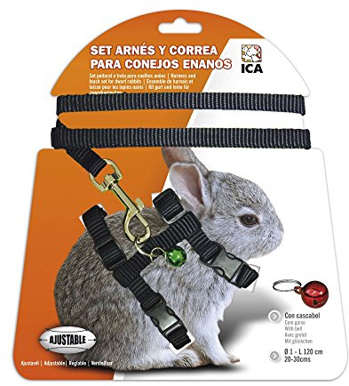 ICA DA1023 Geschirr und Leine für Zwergkaninchen, schwarz, mit Glöckchen, 20-30 cm, verstellbar
