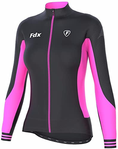 FDX Womens Thermodream Cycling Jersey Full Sleeve Thermal Roubaix Cycling Jacket (Black/Pink, X-Small)