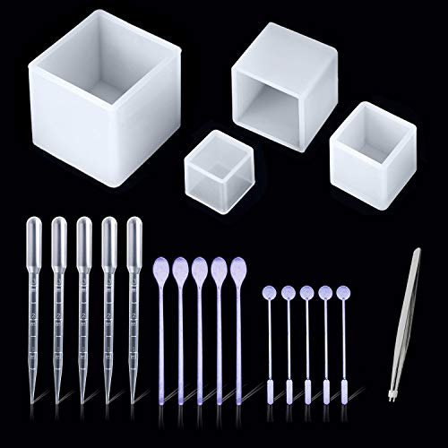 Woohome 4 Stück Platz Harz Schimmel Cube Schmuck Silikon Casting Mould Tools Set Enthalten 4 Größe Silikon Harz Schimmel, 15 Stück Kunststoff Machen Werkzeuge und 1 Stück Pinzette für DIY