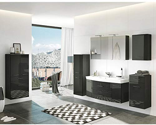 Komplett Badmöbel Set in Hochglanz grau, 120cm Waschtisch mit 2 Schubkästen & 2 Türen, Spiegelschrank mit 2 LED-Leuchten, Schalter & Steckdose, Midischrank, Unterschrank, Hängeschrank & Highboard