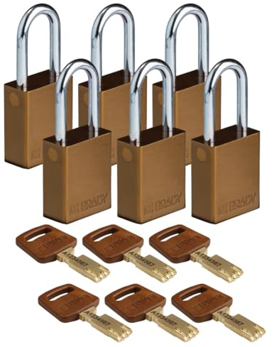 Brady SafeKey Padlock Aluminum 6-pack - Lockout Padlock with Key - Lockout Tagout Security Lock for Indoor and Outdoor Use - Shackle Height 38.10 mm - Keyed Differently - Brown