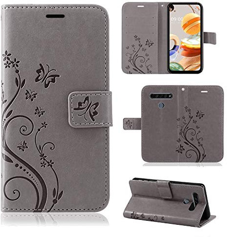 betterfon | LG K61 Hülle Flower Case Handytasche Schutzhülle Blumen Klapptasche Handyhülle Handy Schale für LG K61 Grau