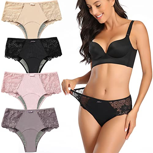 Intiflower Period Underwear for Women, Leakproof Period Panties, Lace Menstrual Underwear Breathable & Soft, 4 Mid Waist Nude+black+water Rose+lilac, XL