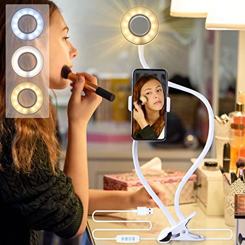 AGM Selfie Ring Light avec Col de Cygne 24, 3 Modes d'Eclairage, Support de Téléphone Portable, Lumière Dimmable pour Maquillage, Photos, Vidéos, Lectures, Live Streaming