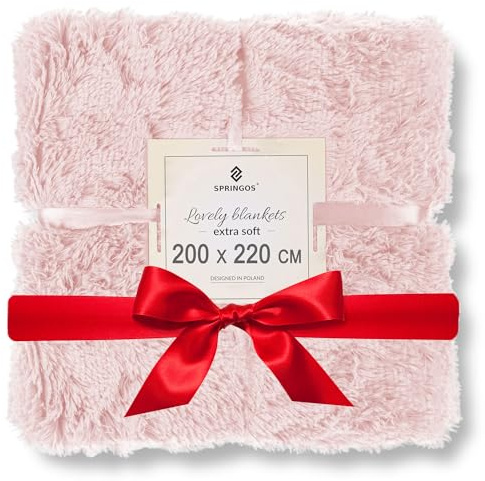 SPRINGOS Wohndecke Kuscheldecke Plaid 200 x 220 cm Plüschdecke Große Sofadecke Bettdecke Wohndecke Zweiseitig Kunstfelldecke Glatt Überwurf Gemütlich Weich Flauschig Puderrosa
