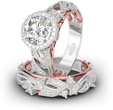 Jeulia 4 Karat Damen Ring 925 Sterling Silber Hochzeitssets Rose gold Rundschliff Halo Verlobungsring Weiß Diamantband CZ Solitaire Jahrestag Verlobungsring (68(21.8), Rose)