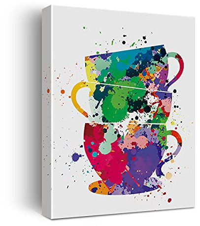 Kaffeetassen-Aquarell-Poster auf Leinwand, Wandkunst für Zuhause, Büro, Küche, Dekoration, Teetassen, Leinwanddruck, Wandkunst, Malerei, Staffelei & Haken zum Aufhängen, 30.5 x 38.1 cm