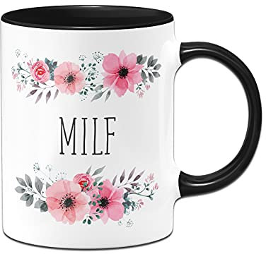 Tassenbrennerei Original - Blümchen-Tasse mit Spruch Milf - Lustige Kaffeetasse als Gechenk für Deine Kollegin (Schwarz)