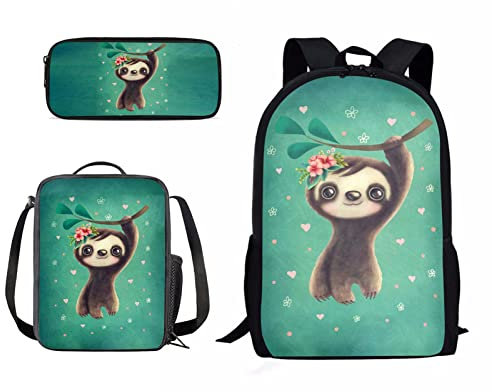 Kuiaobaty Schulranzen Set für Mädchen Jungen 3 in 1 Schultasche mit Lunchtasche Federmäppchen für Mittelschule Schule, Niedliche Faultier, Einheitsgröße, Modern