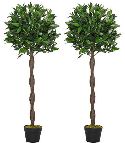 Outsunny Lauriers artificiels topiaires 1,20H m - Lot de 2 lauriers Boules artificiels - 741 Feuilles réalistes par Pied - Tronc Liane - Pot Inclus Noir Vert